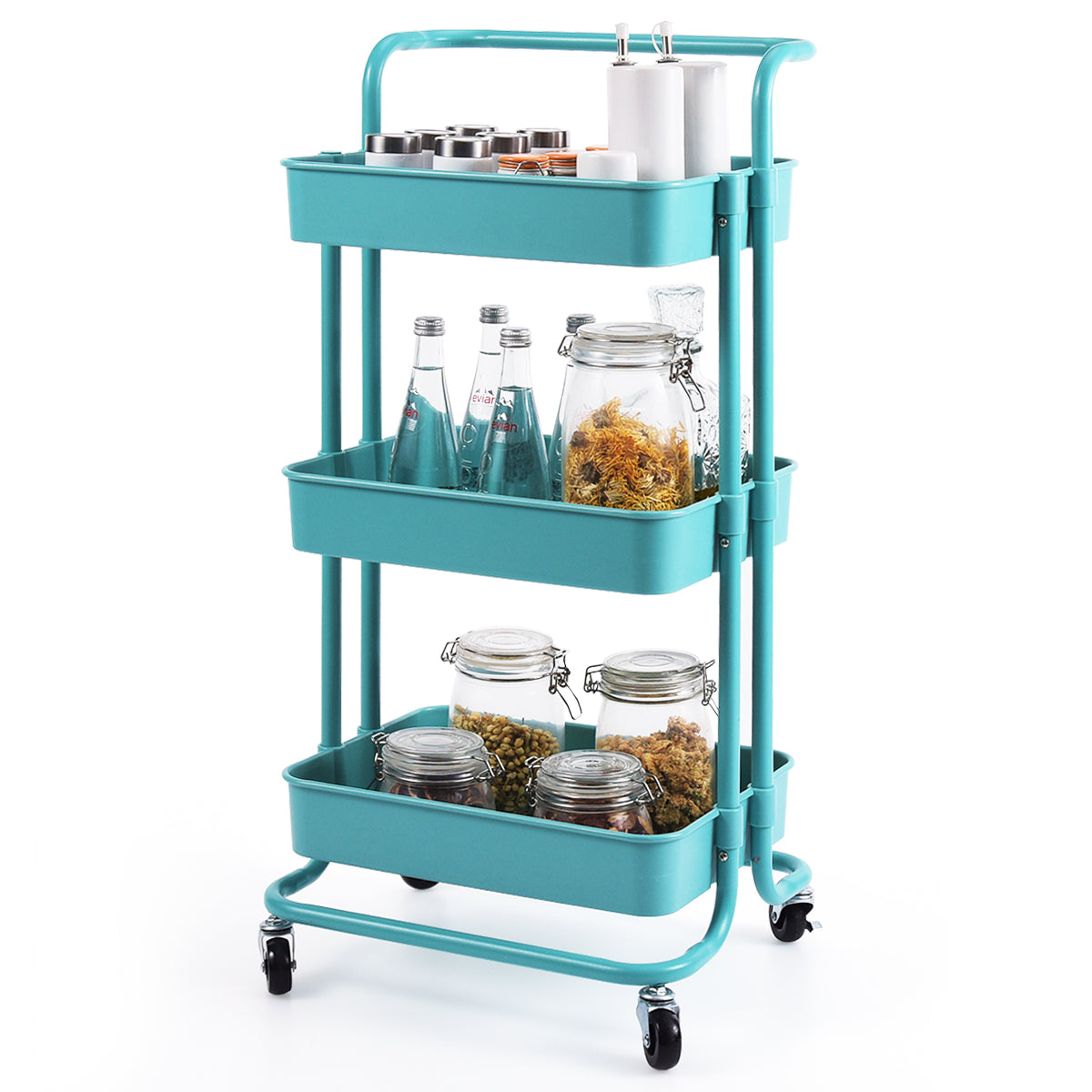 LIVSK Multifunctionele Metalen Trolley met 3 Niveaus - 60 kg Draagvermogen - 4 Zwenkwielen - Ruimtebesparend - Groen
