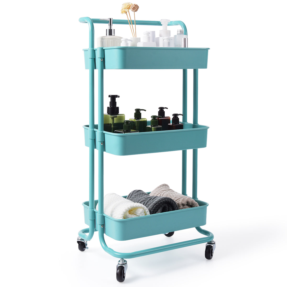 LIVSK Multifunctionele Metalen Trolley met 3 Niveaus - 60 kg Draagvermogen - 4 Zwenkwielen - Ruimtebesparend - Groen