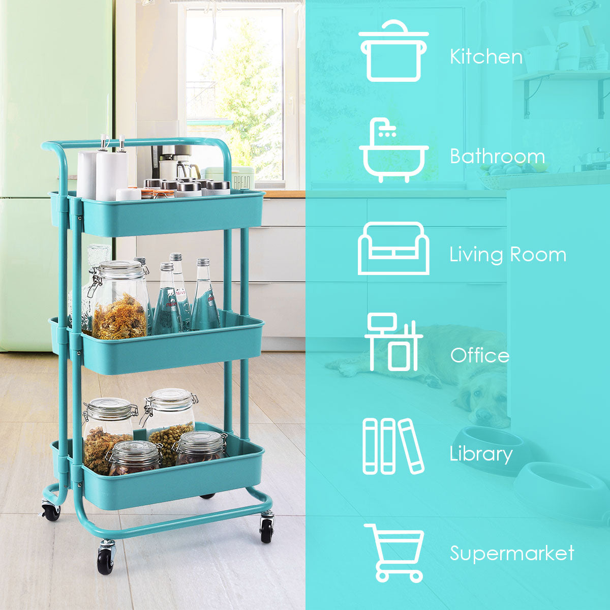 LIVSK Multifunctionele Metalen Trolley met 3 Niveaus - 60 kg Draagvermogen - 4 Zwenkwielen - Ruimtebesparend - Groen