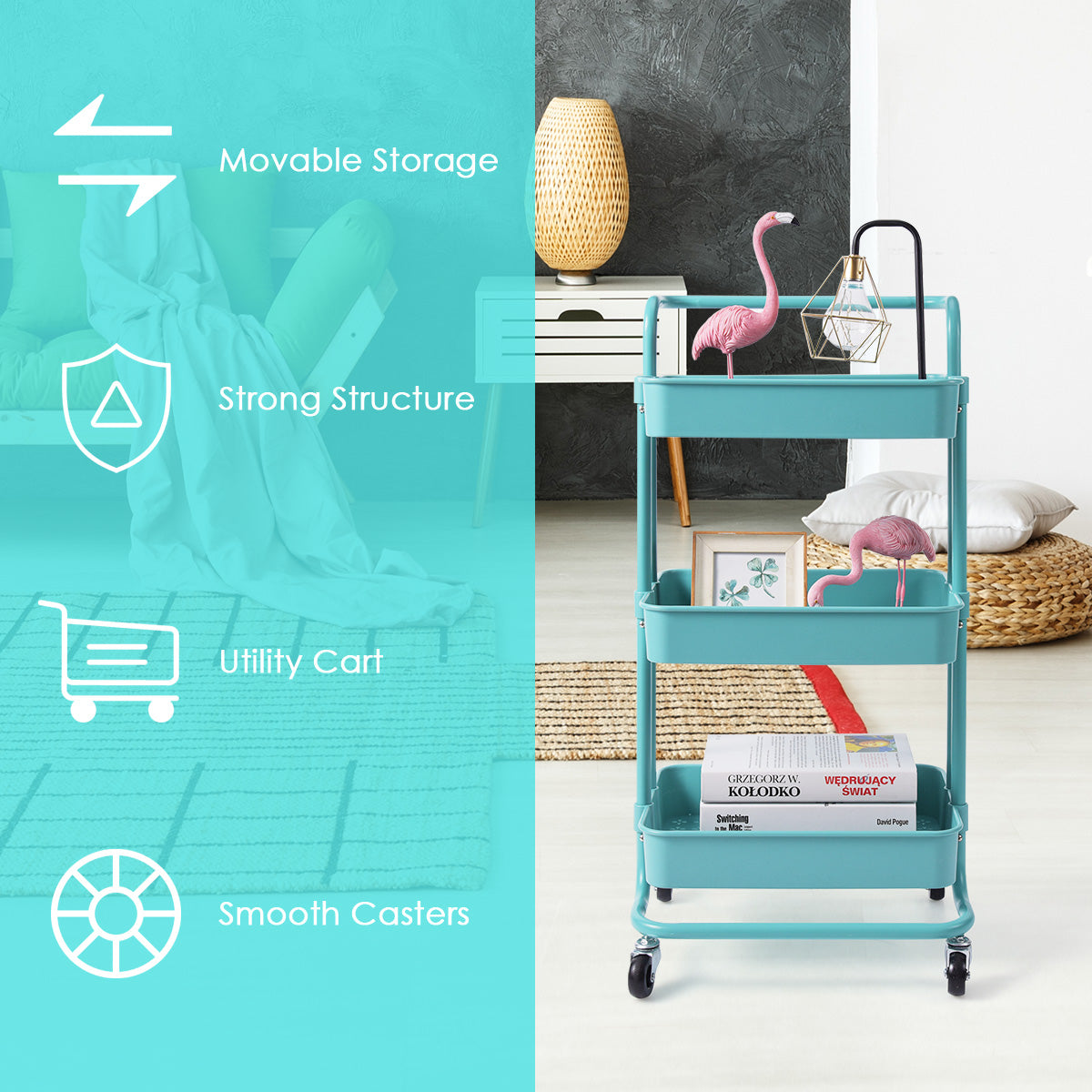LIVSK Multifunctionele Metalen Trolley met 3 Niveaus - 60 kg Draagvermogen - 4 Zwenkwielen - Ruimtebesparend - Groen