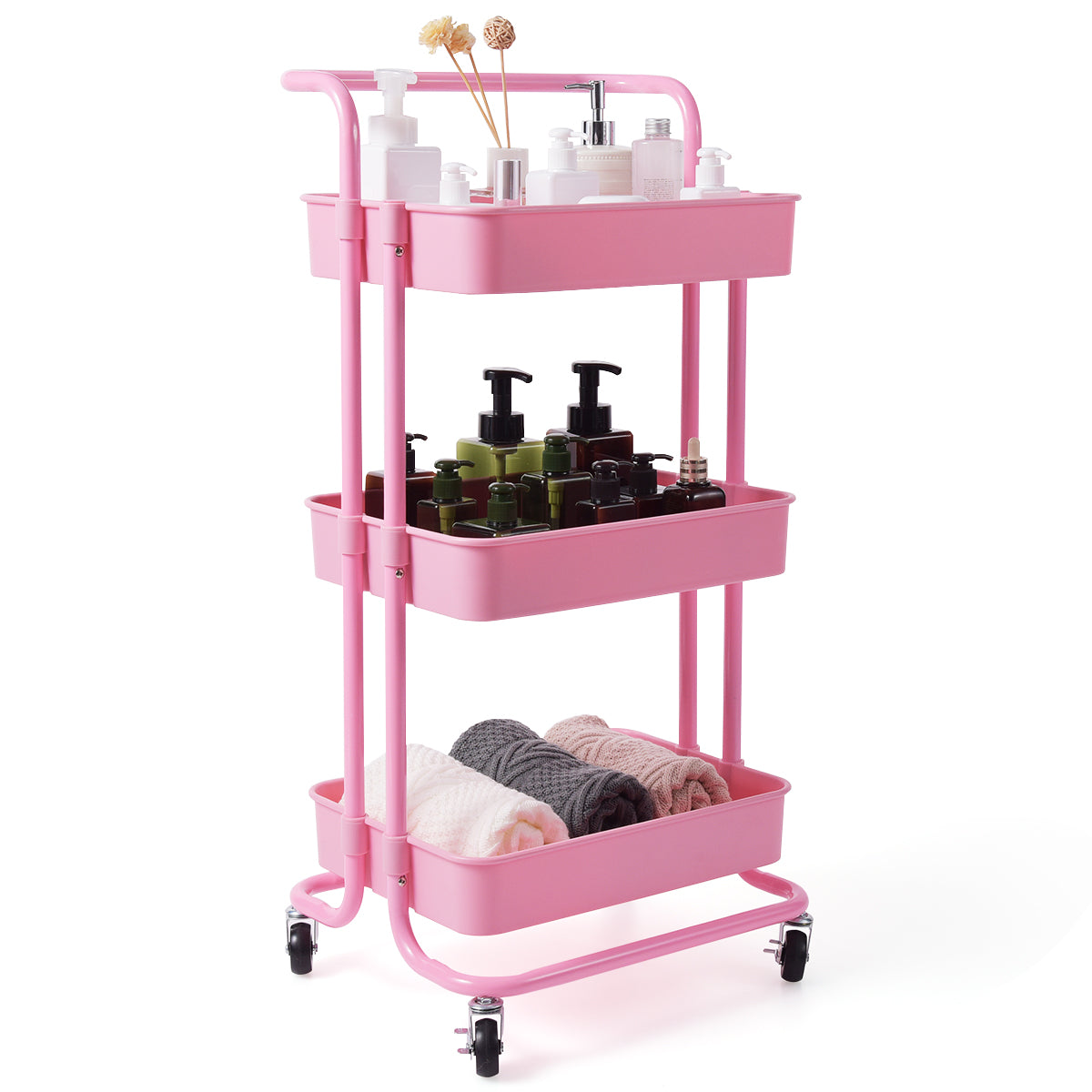 LIVSK Metalen Trolley met 3 Niveaus - 60 kg Draagvermogen - Handgrepen - Zwenkwielen - Ruimtebesparend - Roze
