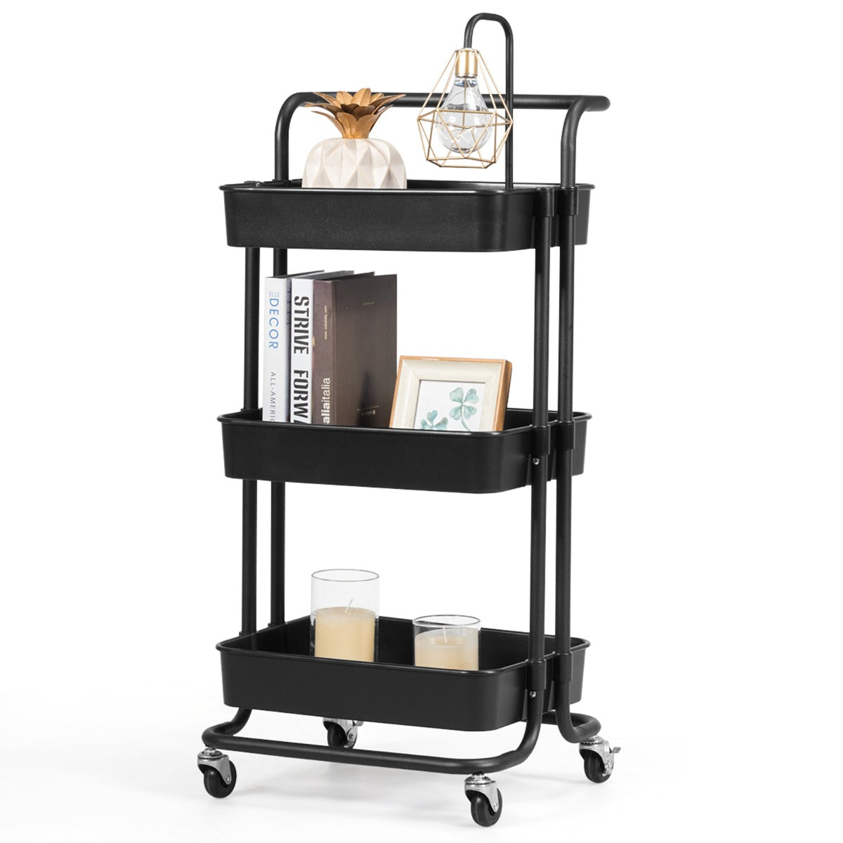 LIVSK Metalen Trolley met 3 Niveaus - 60 kg Draagvermogen - Premium Zwenkwielen - Duurzaam en Vloervriendelijk - Wit