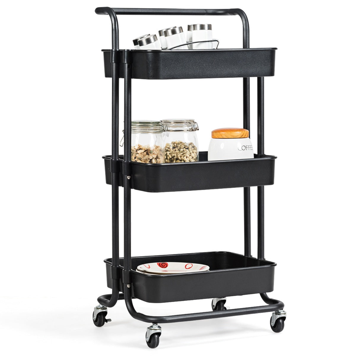 LIVSK Metalen Trolley met 3 Niveaus - 60 kg Draagvermogen - Premium Zwenkwielen - Duurzaam en Vloervriendelijk - Wit