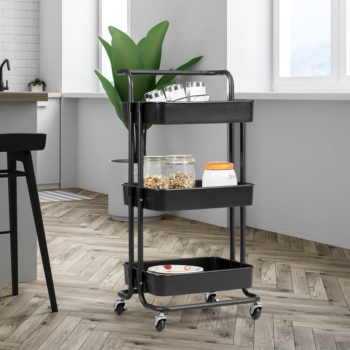 LIVSK Metalen Trolley met 3 Niveaus - 60 kg Draagvermogen - Premium Zwenkwielen - Duurzaam en Vloervriendelijk - Wit