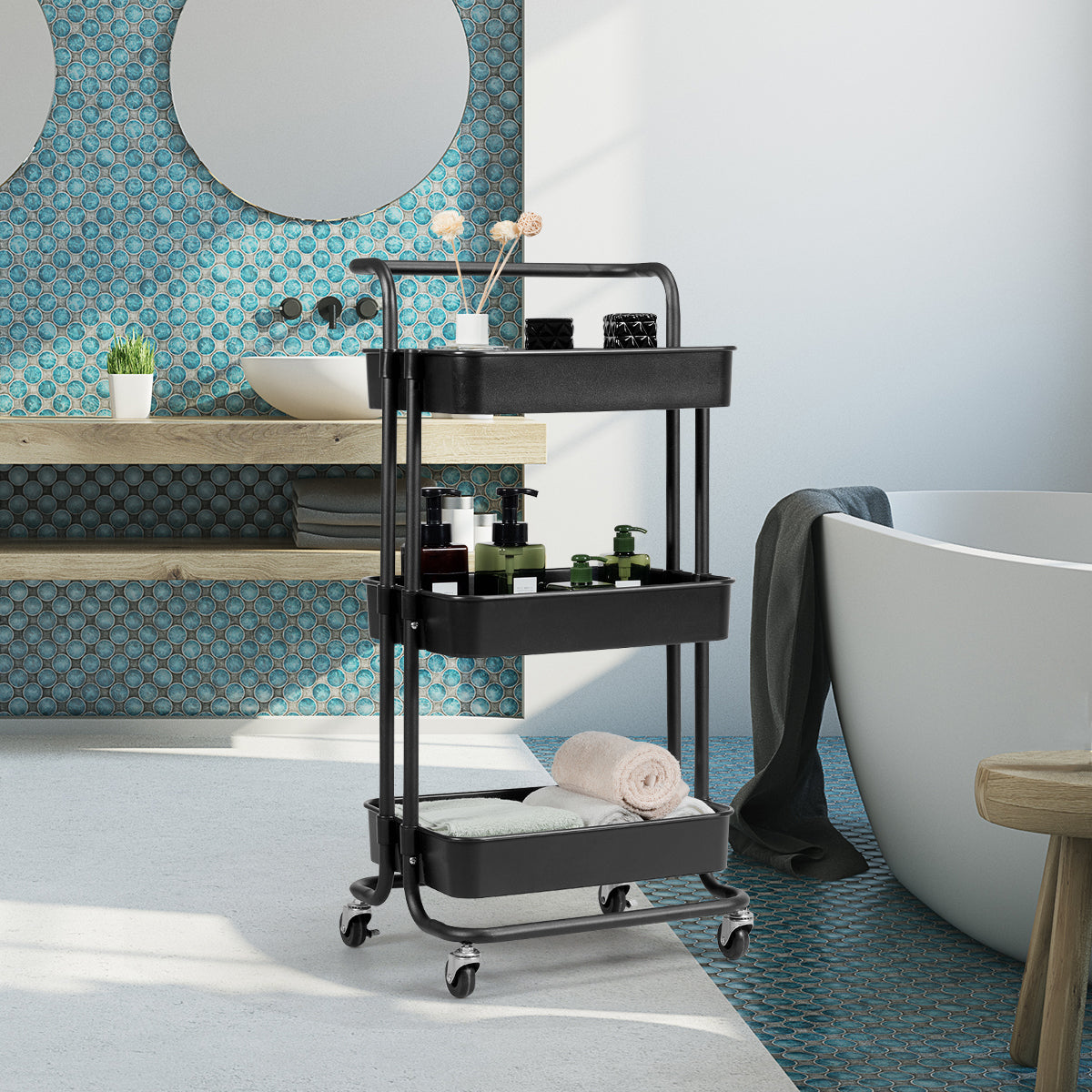 LIVSK Metalen Trolley met 3 Niveaus - 60 kg Draagvermogen - Premium Zwenkwielen - Duurzaam en Vloervriendelijk - Wit