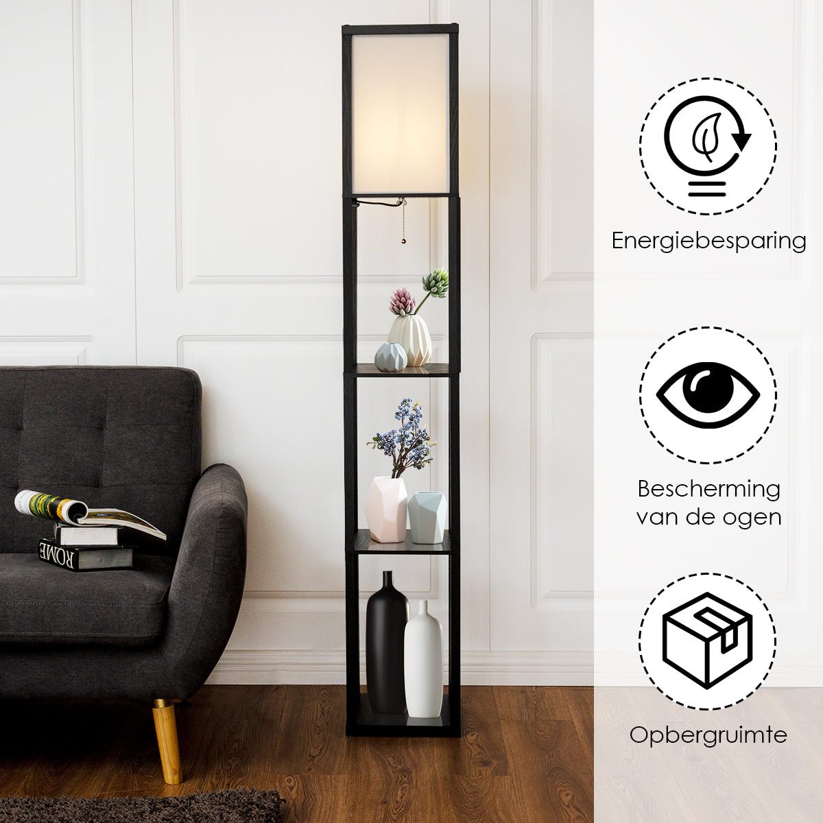 LIVSK Plank Vloerlamp met 3-laags Plankontwerp - Zacht Licht - Stabiel Frame - Modern Design - 26 x 26 x 160 cm - Zwart
