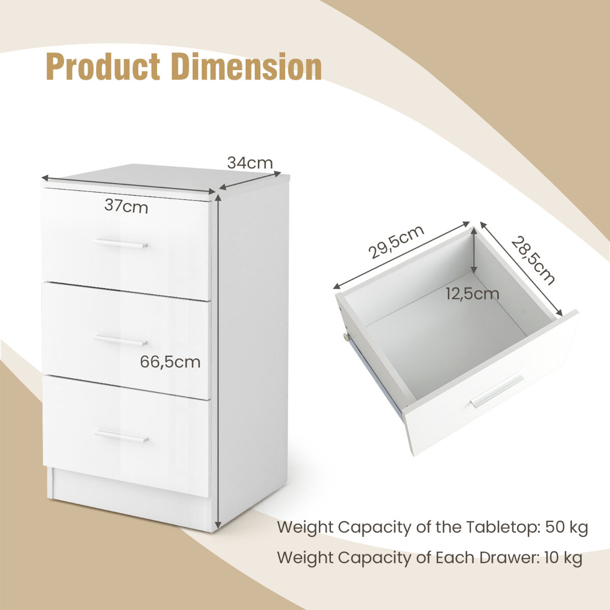 LIVSK 3-laden archiefkast - Opbergruimte voor A4-bestanden - Ergonomische handgrepen - Duurzaam design - 37,1 x 34,2 x 66,5 cm -