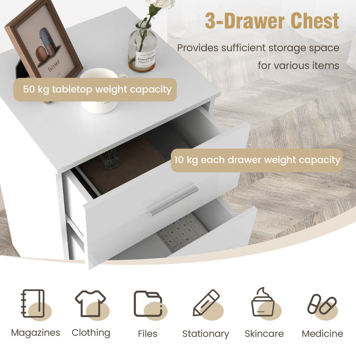 LIVSK 3-laden archiefkast - Opbergruimte voor A4-bestanden - Ergonomische handgrepen - Duurzaam design - 37,1 x 34,2 x 66,5 cm -