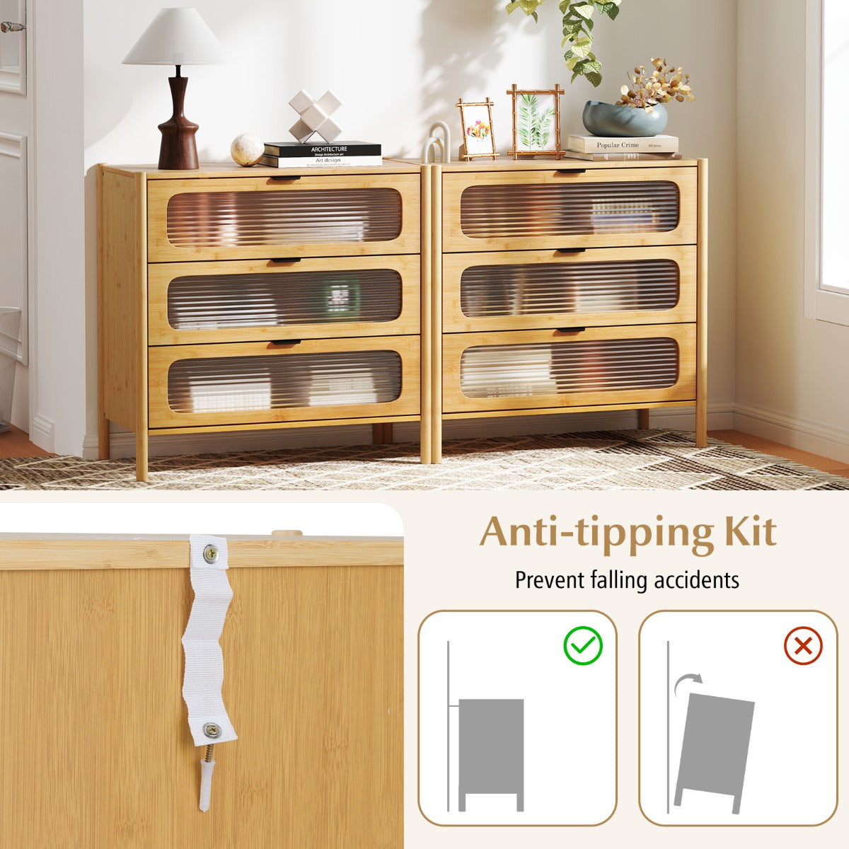 LIVSK Ladekast met 3 Lades - Duurzaam Bamboe met Gehard Glas - Anti-kantelkit - 80 x 40 x 78,5 cm - Natuurlijk