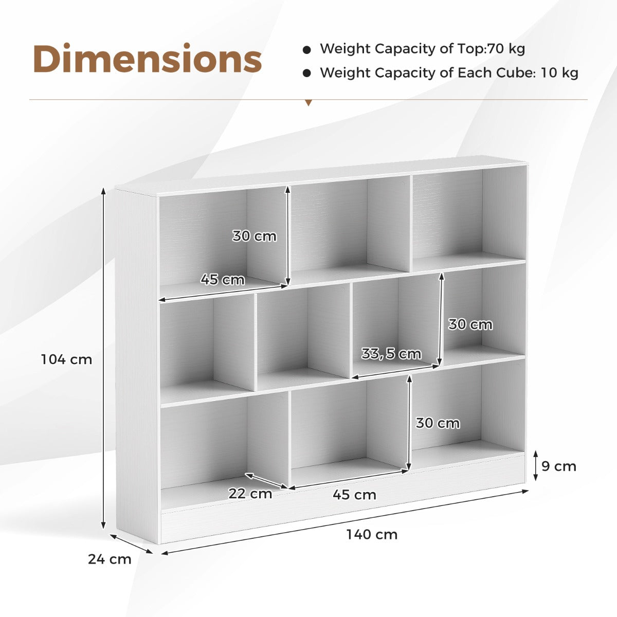 LIVSK Boekenplank met 10 Vakken - Duurzaam MDF - 170 kg Draagvermogen - Inclusief Kantelbeveiligingen - 140 x 24 x 104 cm - Wit