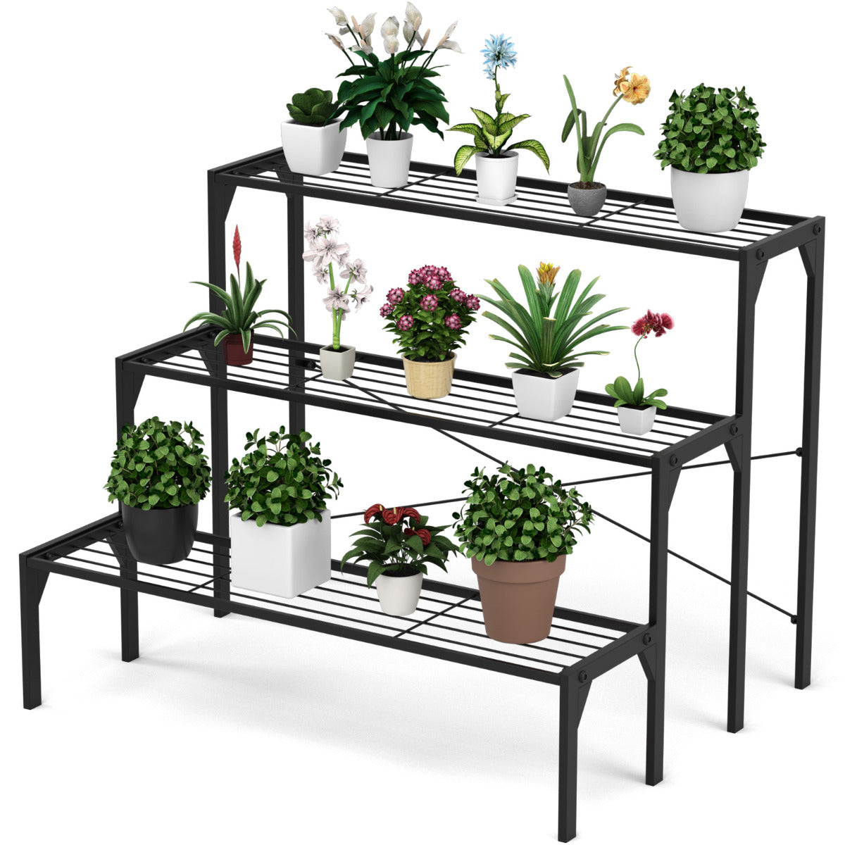 LIVSK Ruimtebesparende Metalen Plantenstandaard - 3 Lagen - Binnen & Buiten - Stevig en Stijlvol - 85 x 65 x 66 cm - Zwart