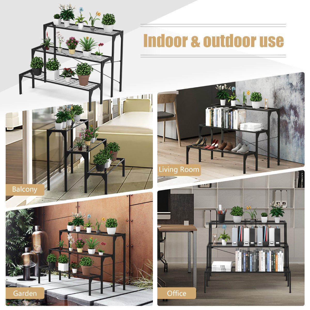 LIVSK Ruimtebesparende Metalen Plantenstandaard - 3 Lagen - Binnen & Buiten - Stevig en Stijlvol - 85 x 65 x 66 cm - Zwart