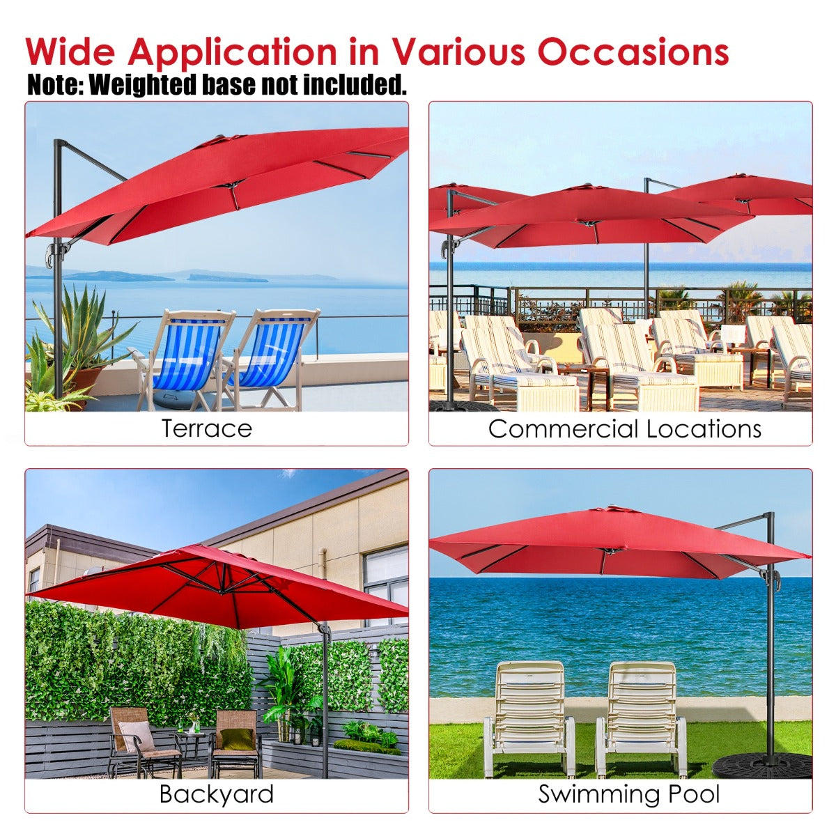 LIVSK Rechthoekige Terrasparasol - 300 x 300 cm - UV-bestendig - 360° Rotatie - Stevig Stalen Frame - Wijnrood