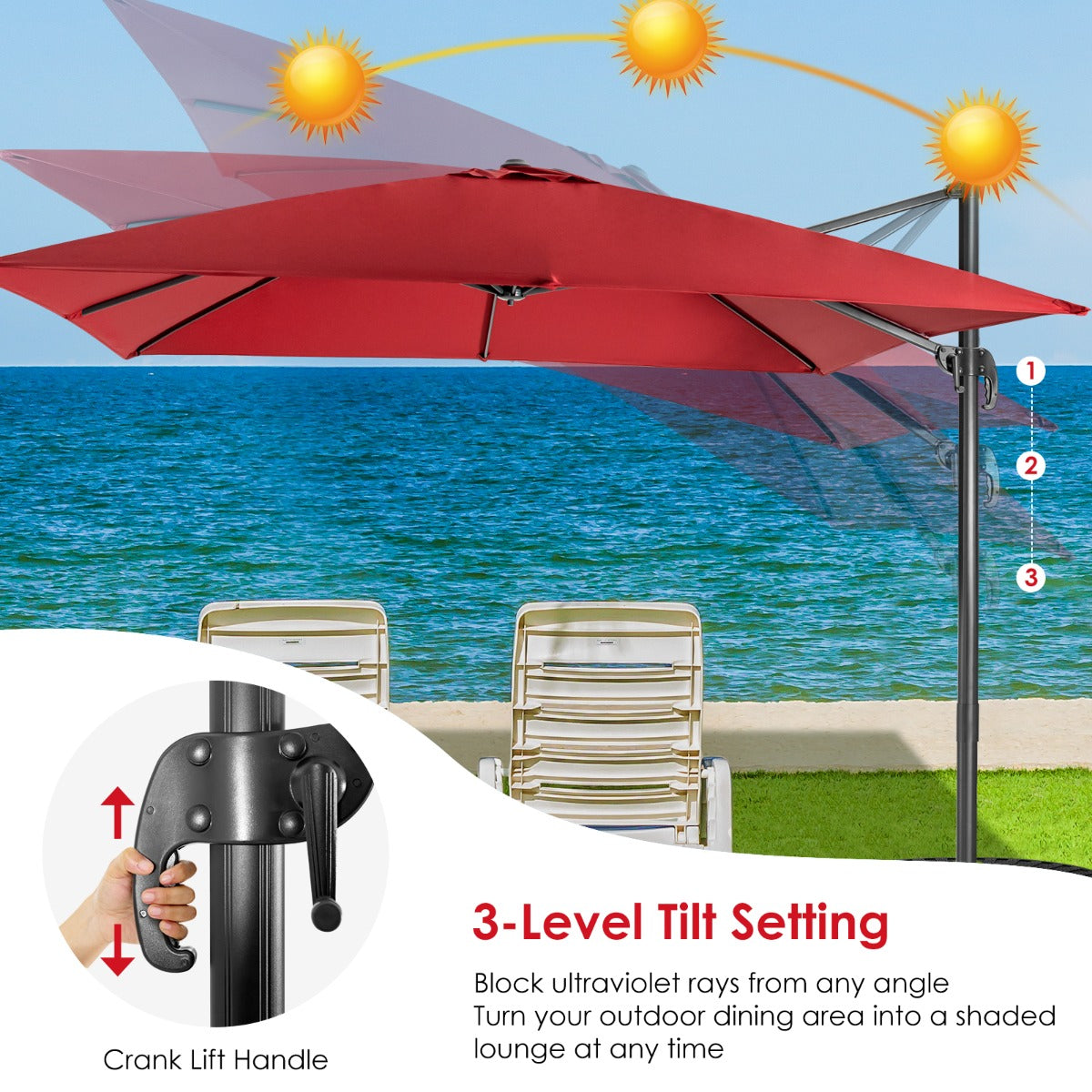 LIVSK Rechthoekige Terrasparasol - 300 x 300 cm - UV-bestendig - 360° Rotatie - Stevig Stalen Frame - Wijnrood