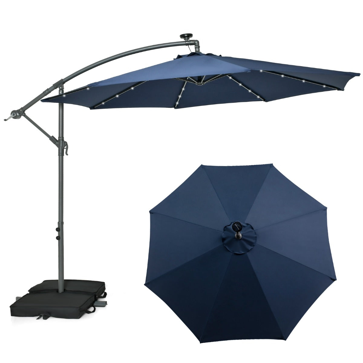 LIVSK Terrasparasol 300 cm - 32 Zonne-LED-lichten - Water- en UV-bescherming - Handige zwengel - Stevig frame - Donkerblauw