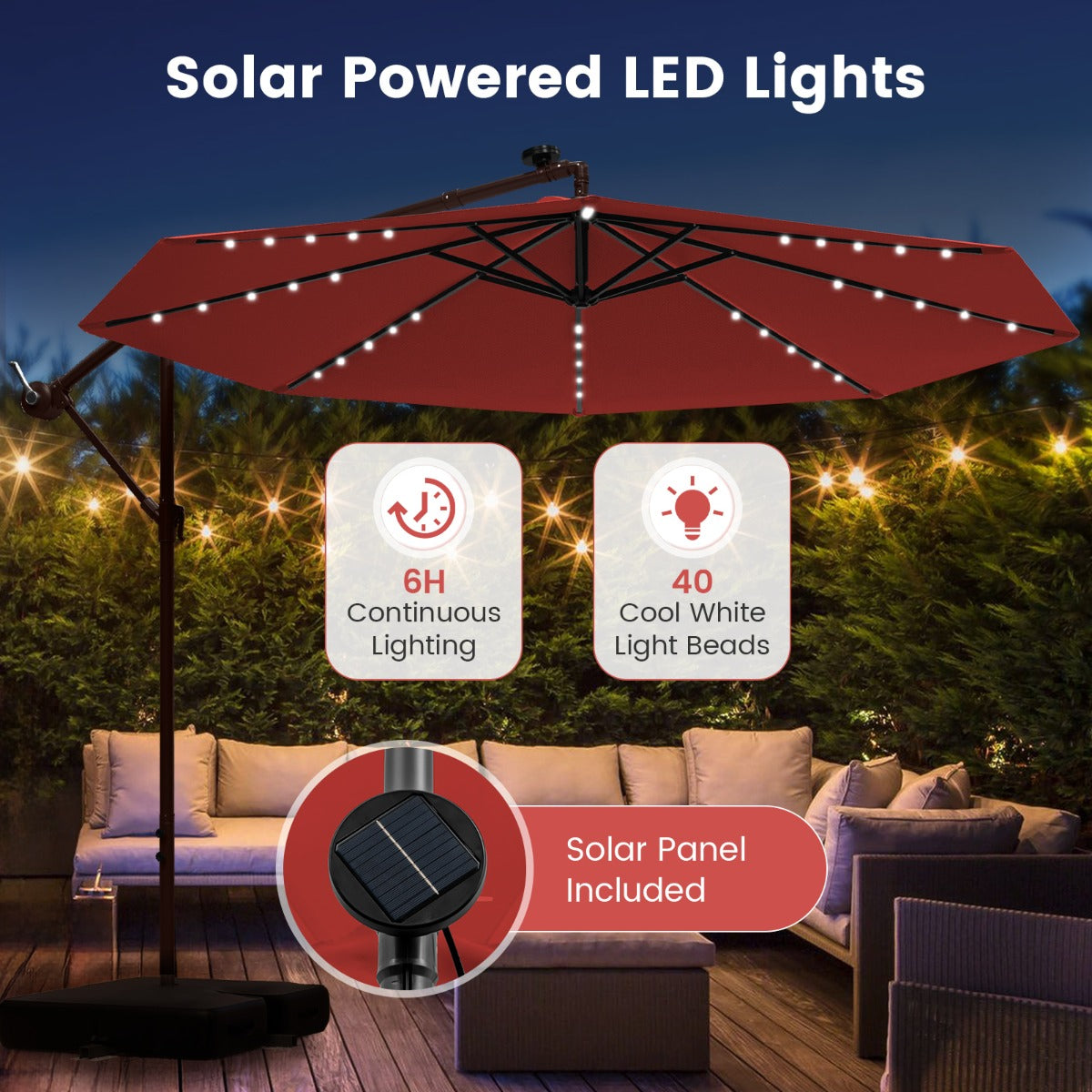 LIVSK Terrasparasol 3m - Verstelbaar met 40 LED-lampjes - Water- en UV-bescherming - Stevig metalen frame - Wijnrood