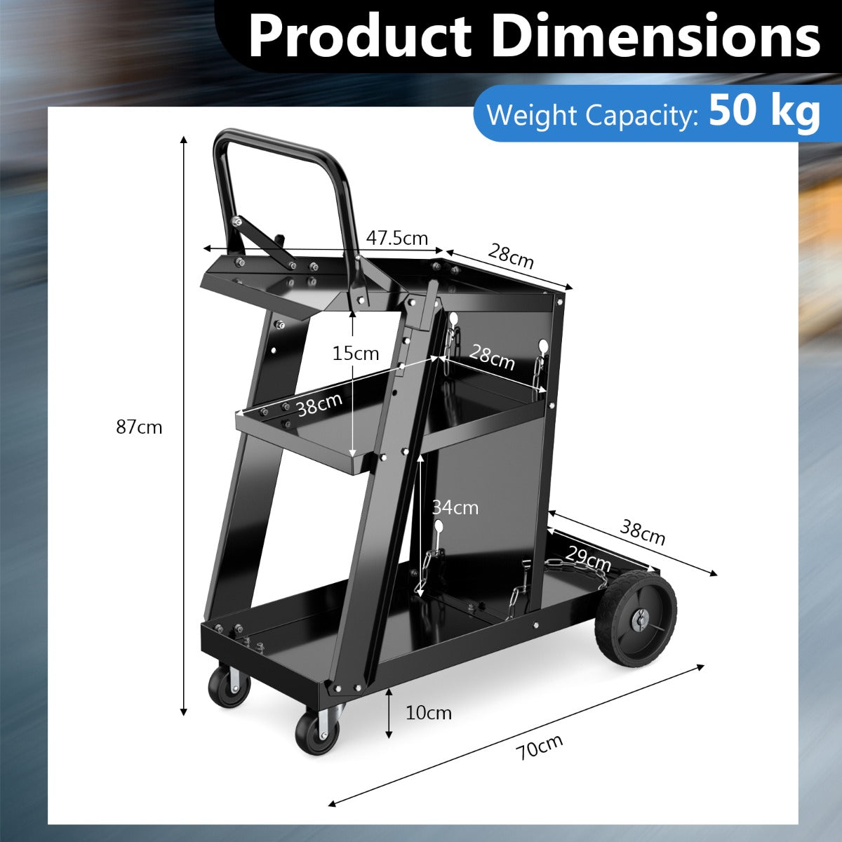 LIVSK Kantelbare Laswerkplaatswagen - Schuin Werkblad - Drie Niveaus - Robuuste Metalen Constructie - 360° Zwenkwielen - Zwart