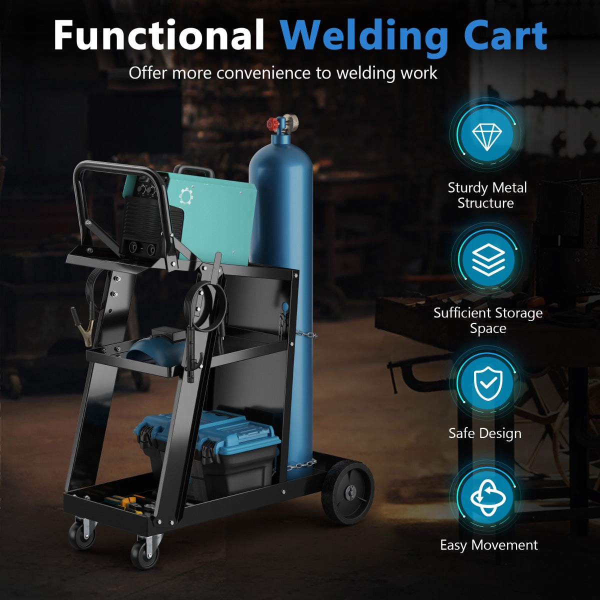 LIVSK Kantelbare Laswerkplaatswagen - Schuin Werkblad - Drie Niveaus - Robuuste Metalen Constructie - 360° Zwenkwielen - Zwart