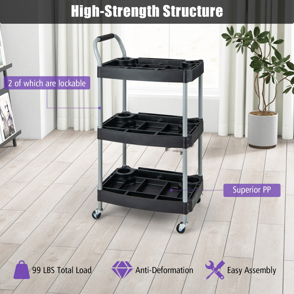 LIVSK Gereedschapswagen met 3 Etages - Sterke Metalen Structuur - Flessenhouders en Accessoire-Organisers - 59 x 45 x 107 cm -