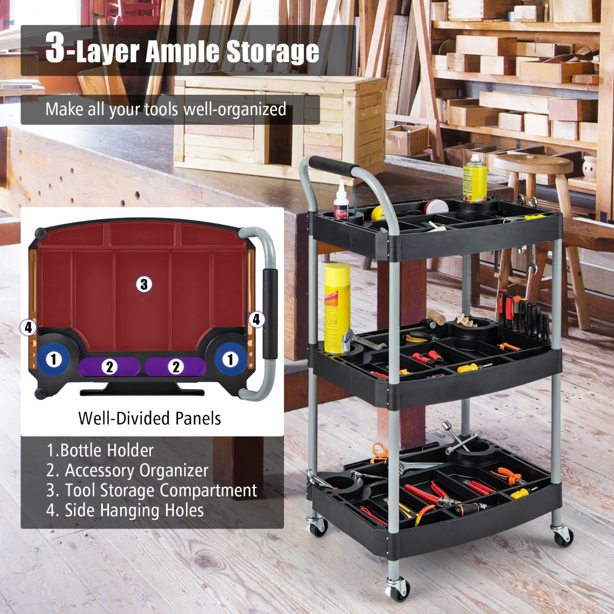 LIVSK Gereedschapswagen met 3 Etages - Sterke Metalen Structuur - Flessenhouders en Accessoire-Organisers - 59 x 45 x 107 cm -