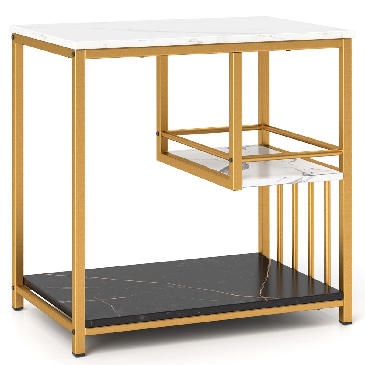 LIVSK Bijzettafel Imitatiemarmer - Goudkleurig Metalen Frame - 3 Niveaus - Duurzaam - 60 x 40 x 60,5 cm - Wit/Zwart/Goud