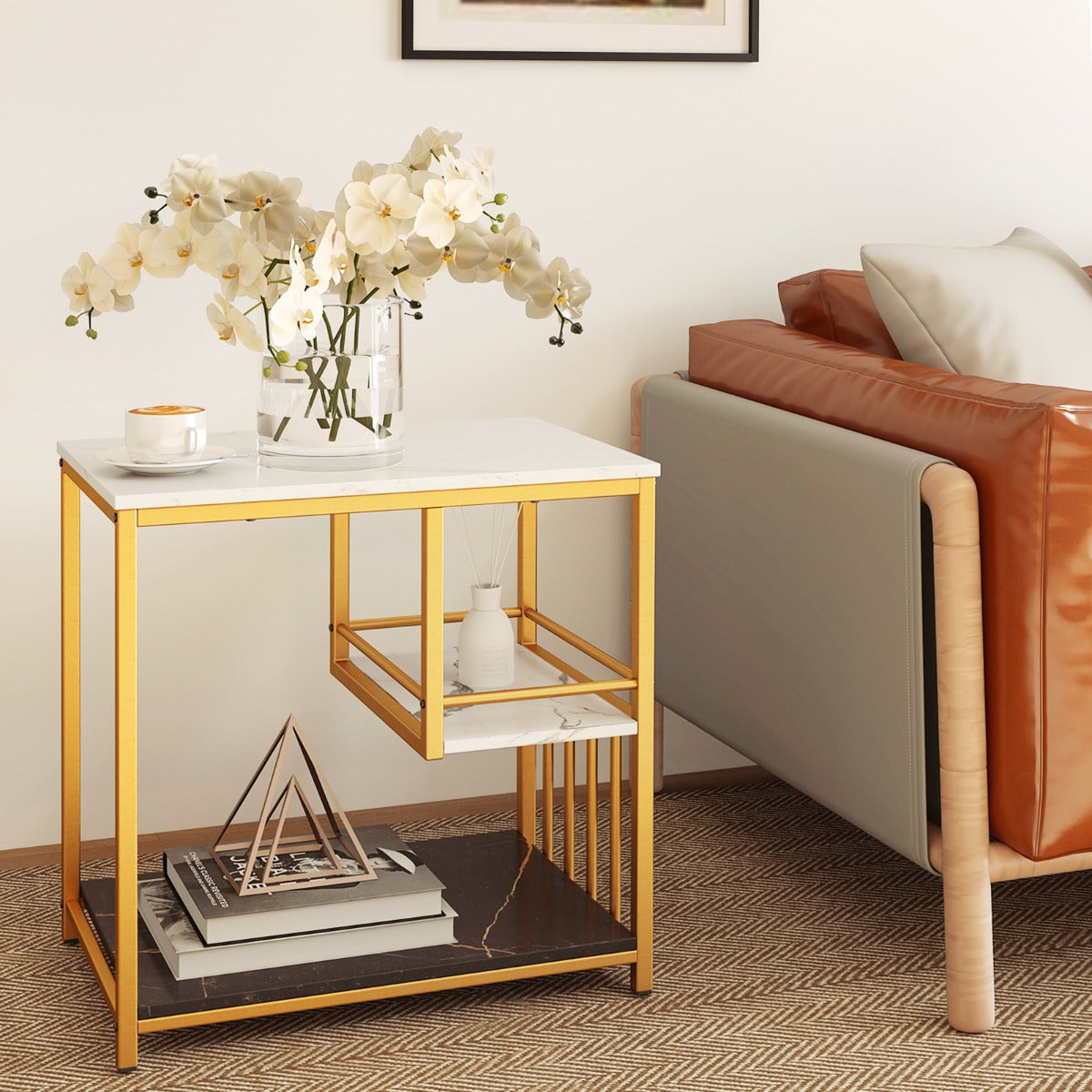 LIVSK Bijzettafel Imitatiemarmer - Goudkleurig Metalen Frame - 3 Niveaus - Duurzaam - 60 x 40 x 60,5 cm - Wit/Zwart/Goud