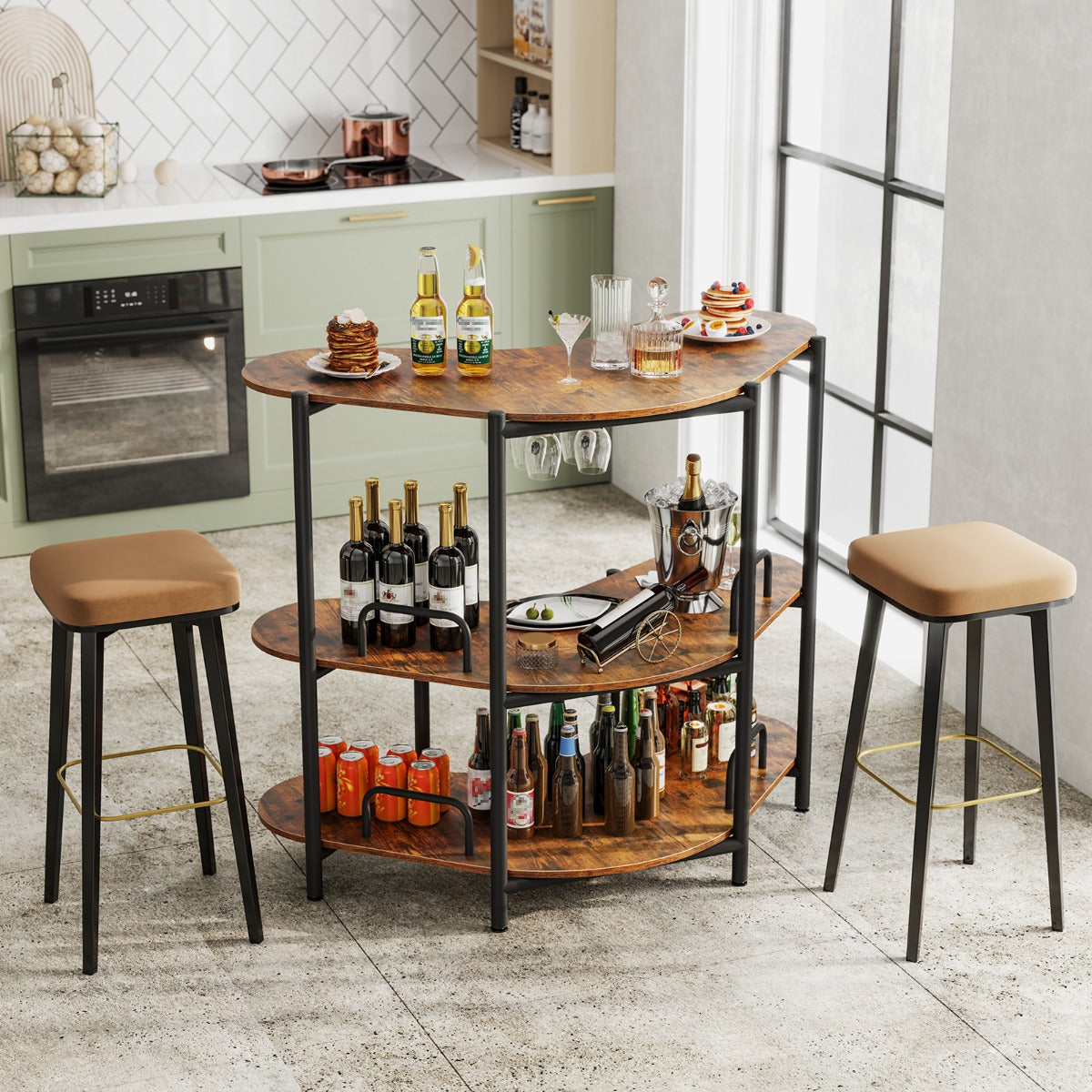 LIVSK Bartafel met 3-laags Opbergvak - Glazenhouders - Industriële Stijl - Hoogte 102 cm - Tot 90 kg - Rustiek Bruin