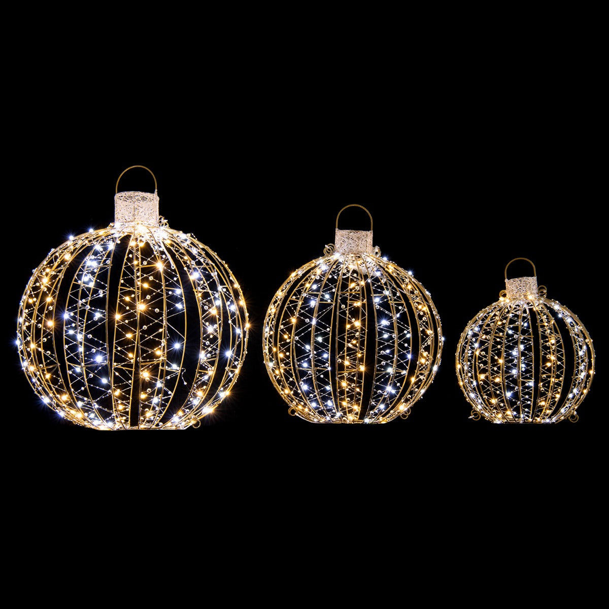 LIVSK Festival Decoratieve Ronde Lichtballen - 3 Stuks met 180 Warm & Wit Licht - Gouden Frame - Waterdicht - 52/41/30 cm - Goud