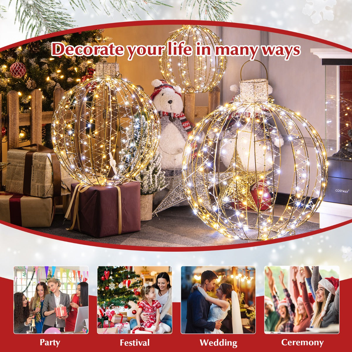 LIVSK Festival Decoratieve Ronde Lichtballen - 3 Stuks met 180 Warm & Wit Licht - Gouden Frame - Waterdicht - 52/41/30 cm - Goud