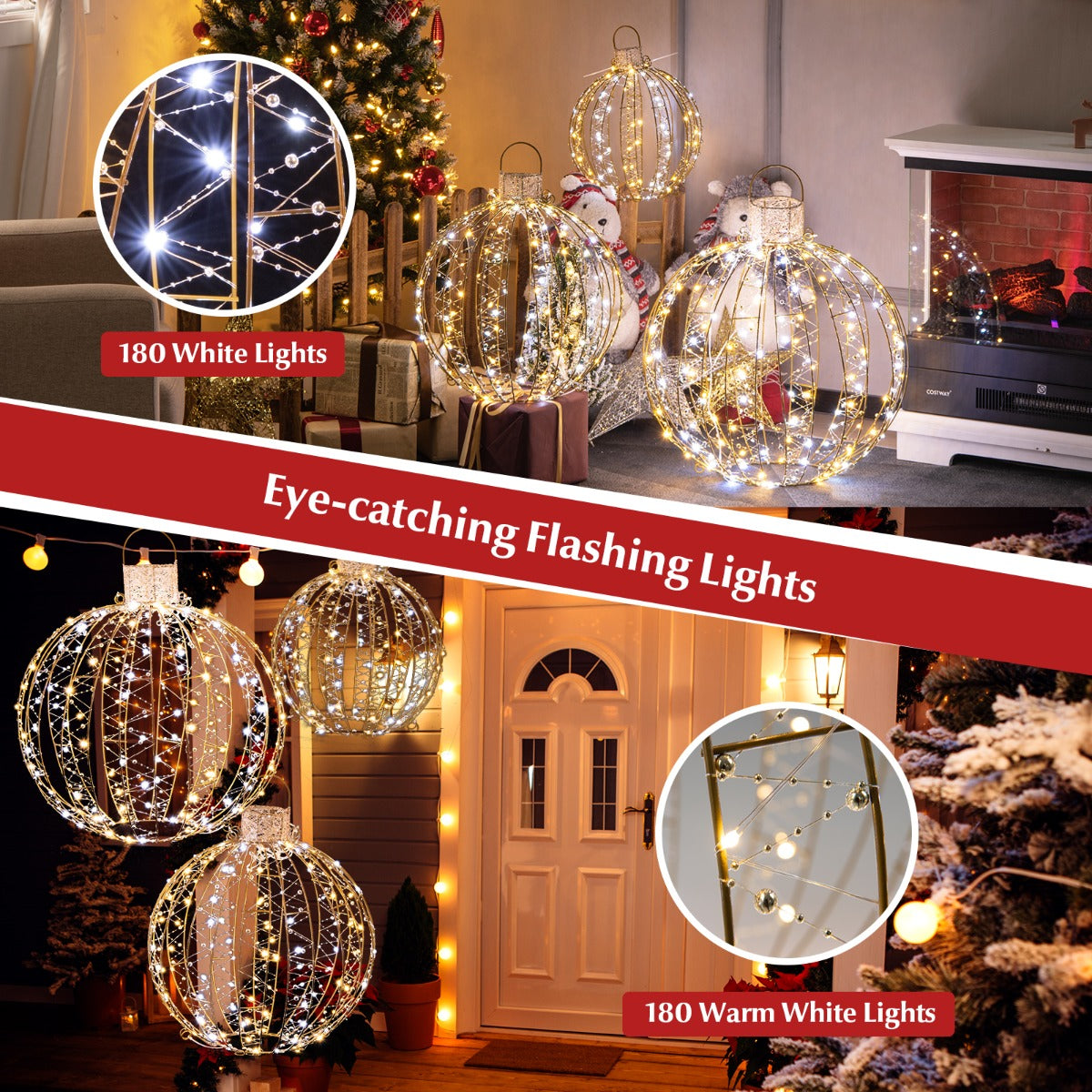LIVSK Festival Decoratieve Ronde Lichtballen - 3 Stuks met 180 Warm & Wit Licht - Gouden Frame - Waterdicht - 52/41/30 cm - Goud