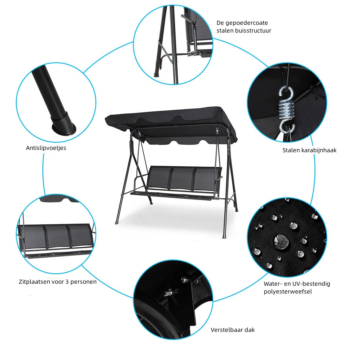 LIVSK 3-Persoons Parasol Schommel - Verstelbare Luifel - Stabiel Stalen Frame - Weerbestendig - Tot 210 kg - Zwart