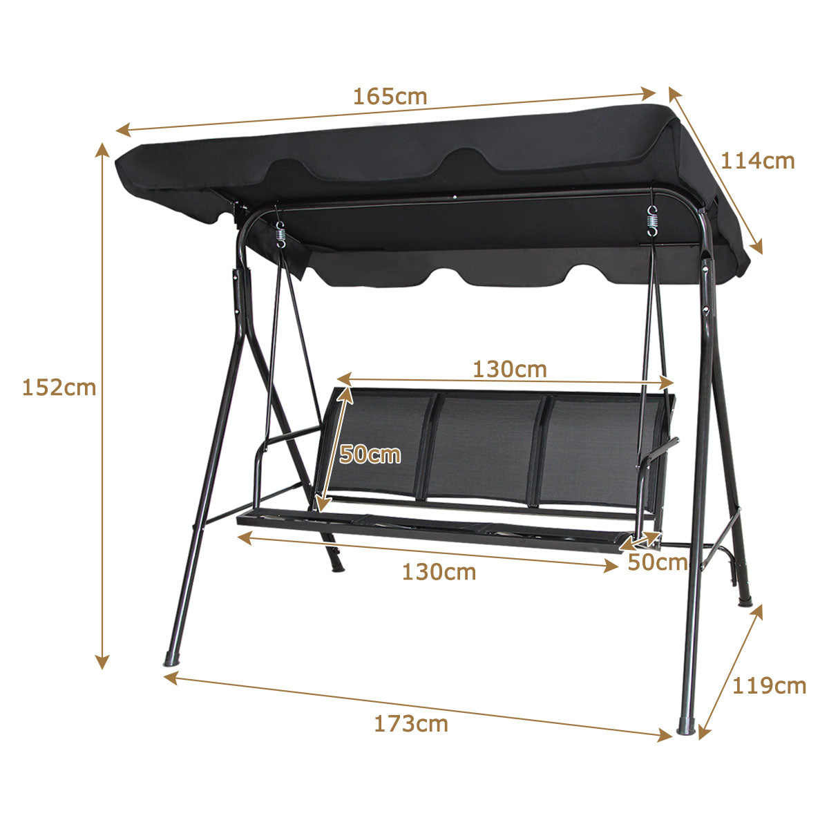 LIVSK 3-Persoons Parasol Schommel - Verstelbare Luifel - Stabiel Stalen Frame - Weerbestendig - Tot 210 kg - Zwart