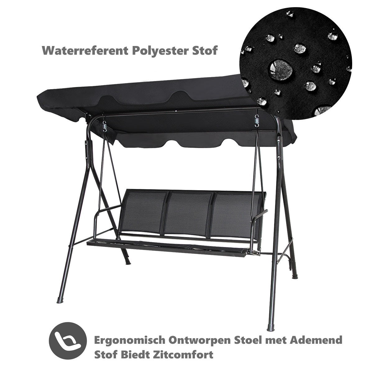 LIVSK 3-Persoons Parasol Schommel - Verstelbare Luifel - Stabiel Stalen Frame - Weerbestendig - Tot 210 kg - Zwart