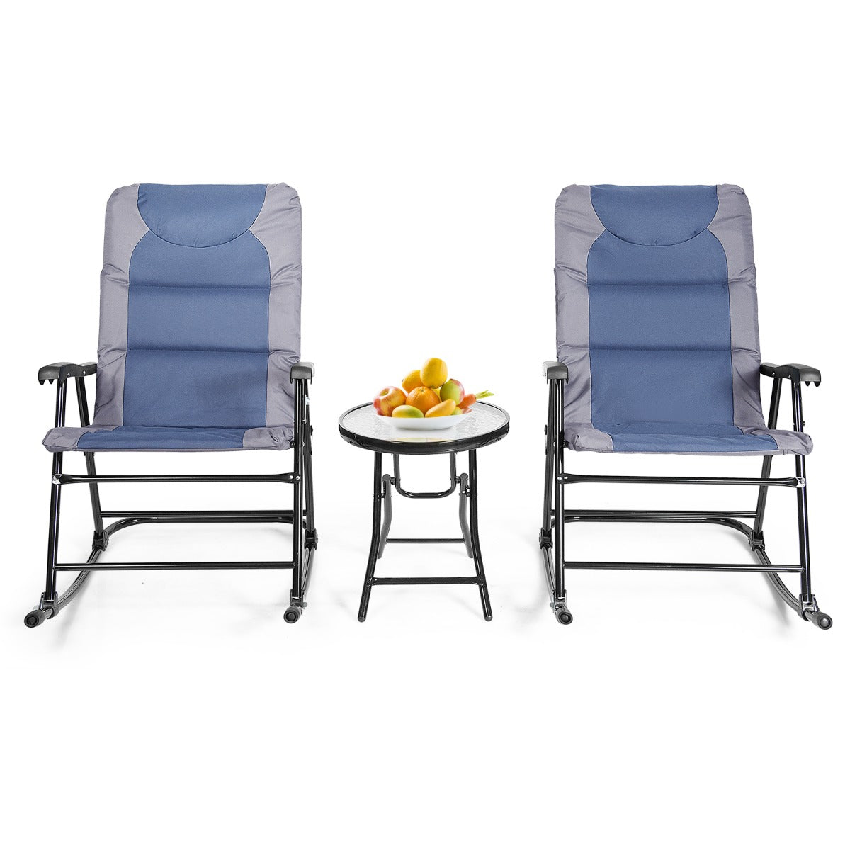 LIVSK Opvouwbare Schommelstoelenset - 2 Stoelen en Tafel - Stalen Frame - Dikke Kussens - Voor Buiten - Blauw + Grijs