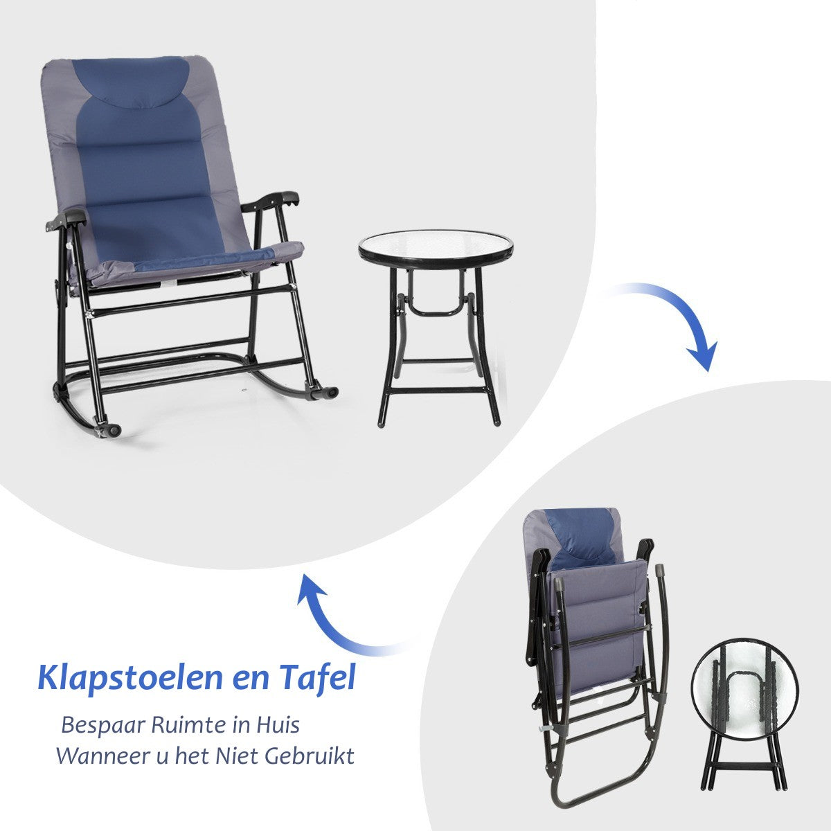 LIVSK Opvouwbare Schommelstoelenset - 2 Stoelen en Tafel - Stalen Frame - Dikke Kussens - Voor Buiten - Blauw + Grijs
