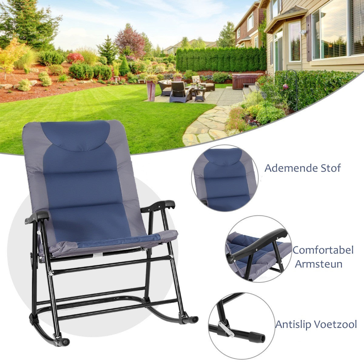 LIVSK Opvouwbare Schommelstoelenset - 2 Stoelen en Tafel - Stalen Frame - Dikke Kussens - Voor Buiten - Blauw + Grijs