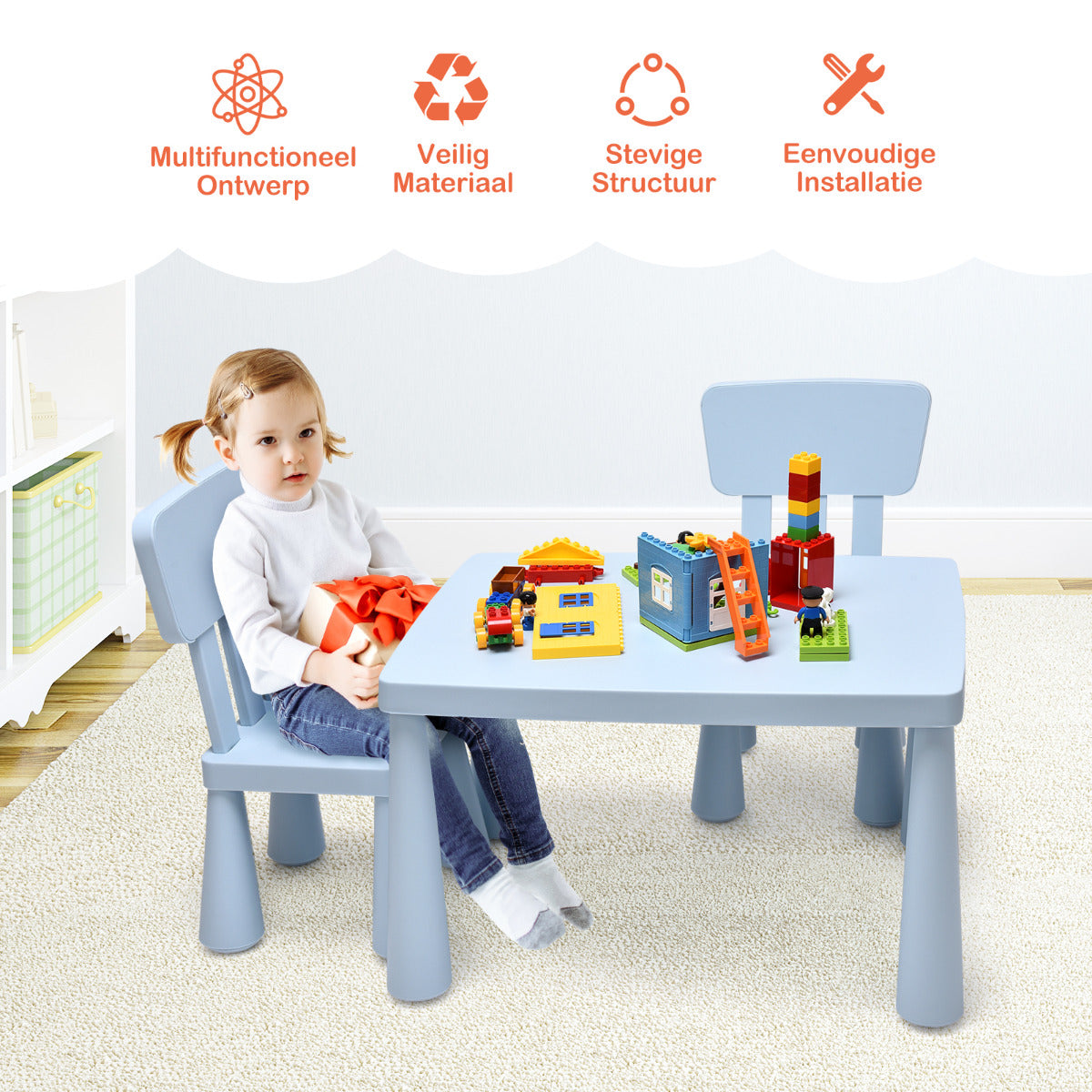 LIVSK Multifunctionele Kinderset - 1 Tafel en 2 Stoelen - Ergonomisch en Veilig - Draagvermogen 50 kg - Blauw