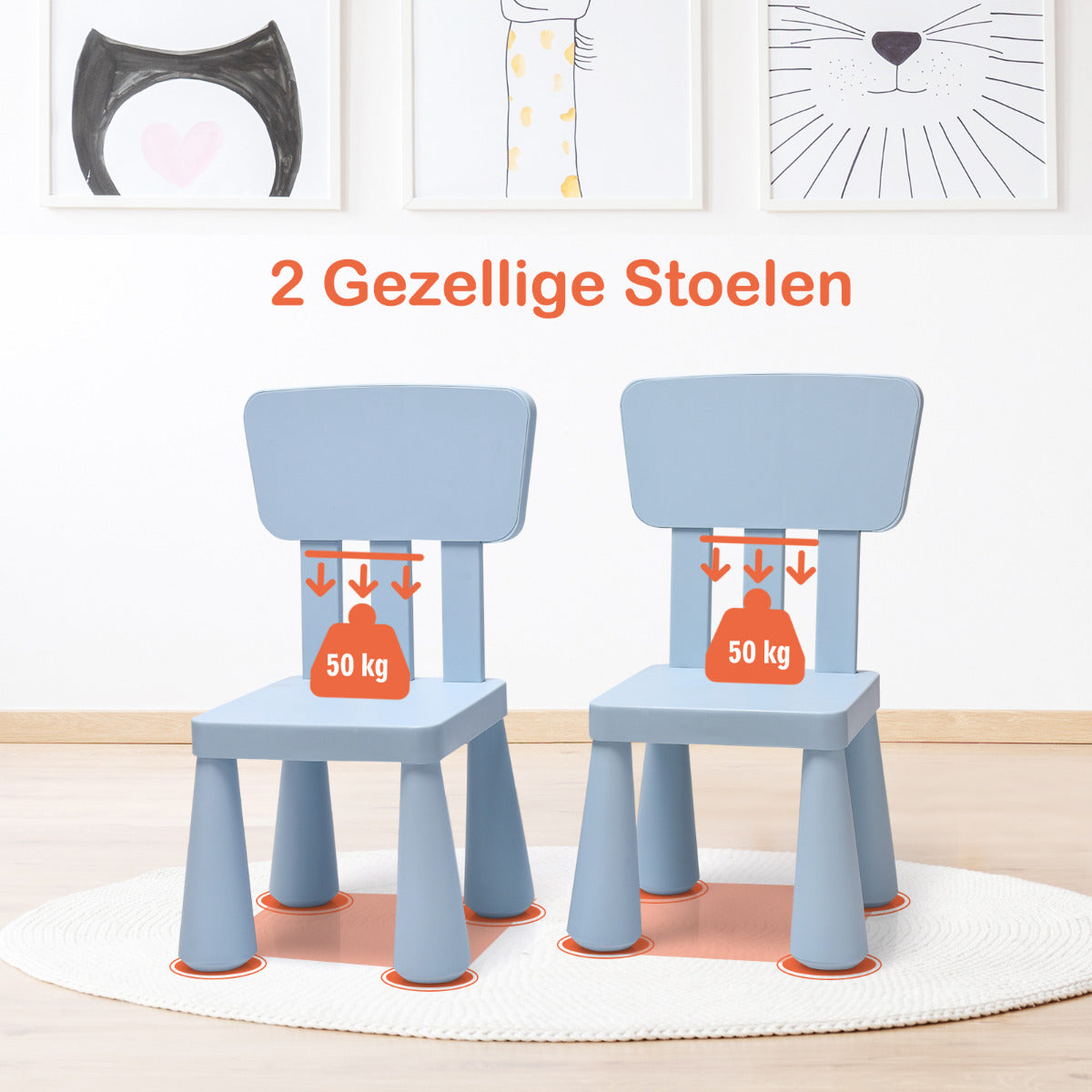 LIVSK Multifunctionele Kinderset - 1 Tafel en 2 Stoelen - Ergonomisch en Veilig - Draagvermogen 50 kg - Blauw