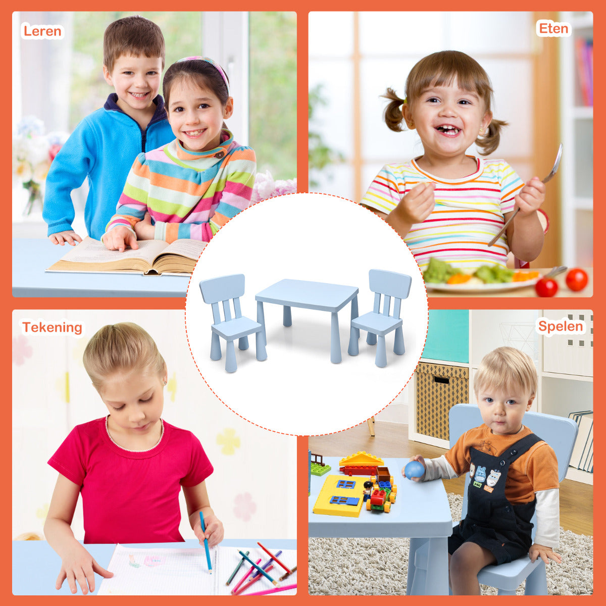 LIVSK Multifunctionele Kinderset - 1 Tafel en 2 Stoelen - Ergonomisch en Veilig - Draagvermogen 50 kg - Blauw