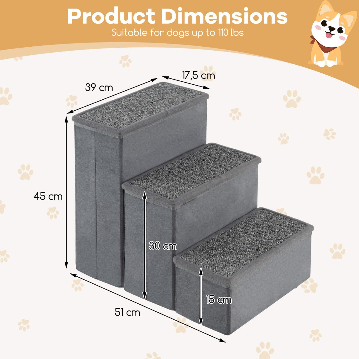 LIVSK 3-traps hondentrap - Opvouwbaar met verborgen opbergvakken - Anti-slip - Voor dieren tot 50 kg - Grijs