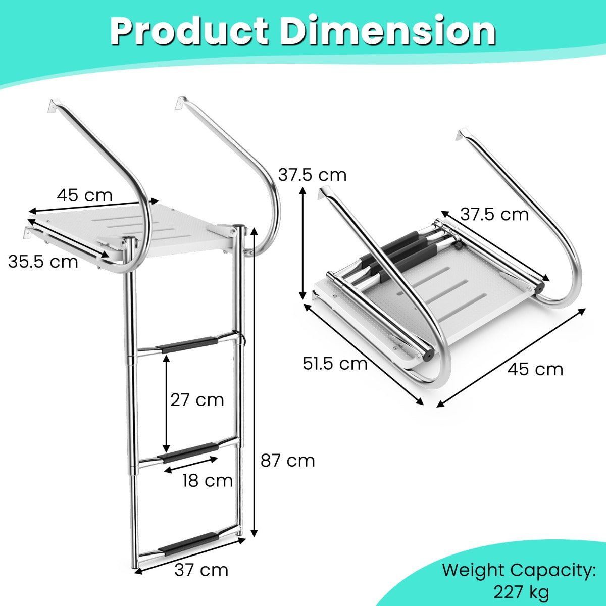LIVSK Telescopische Bootladder - Opvouwbaar - Draagvermogen 227 kg - Antislip en Leuningen - Ideaal voor Jachten - Zilver