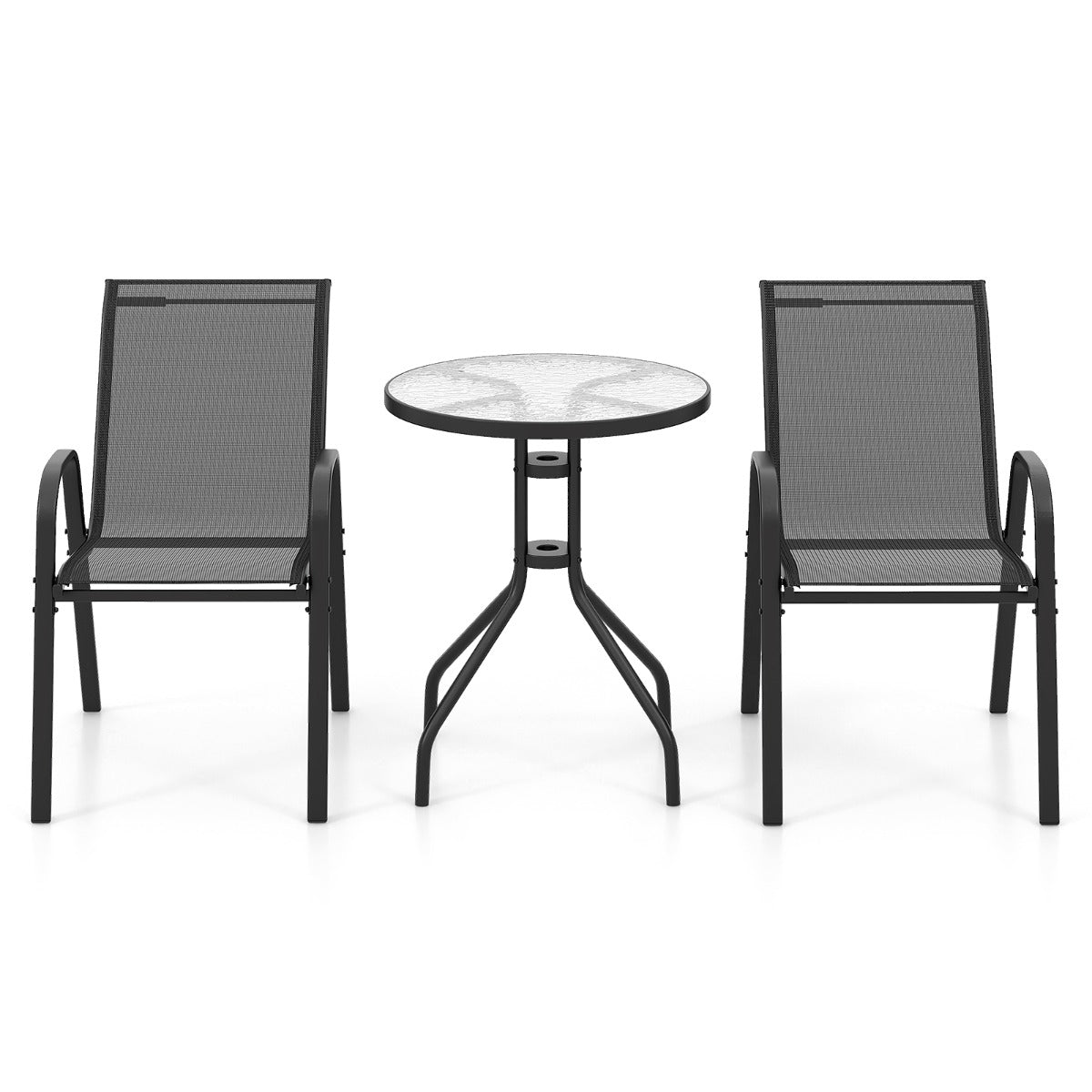 LIVSK Terrasbistroset - Ergonomische Rugleuningen - Gehard Glazen Tafelblad - Stapelbare Stoelen - Tot 150 kg per stoel - Zwart