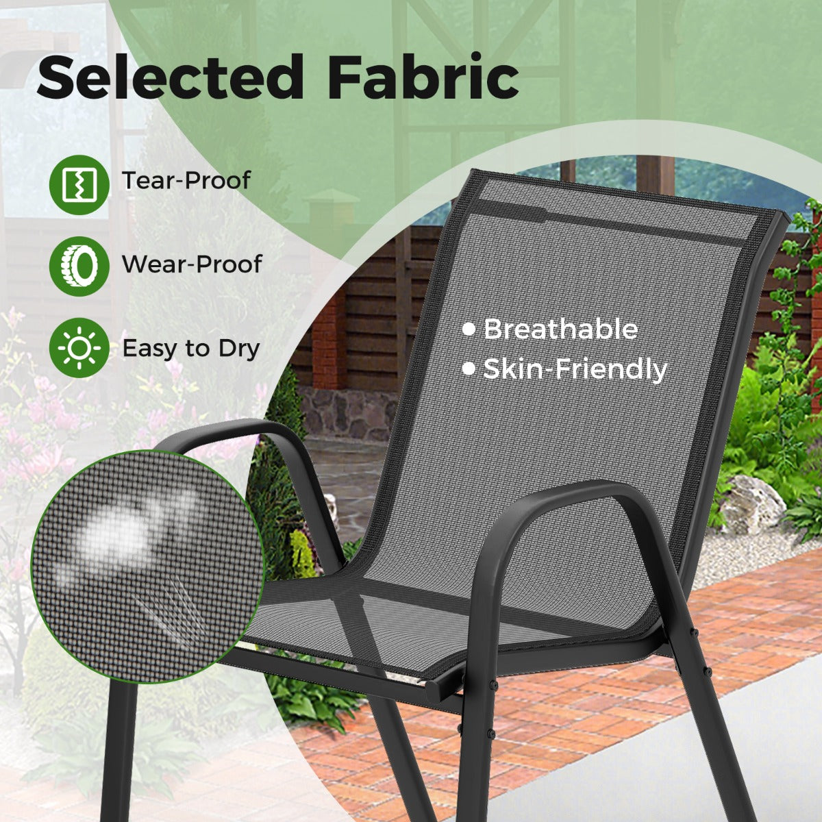 LIVSK Terrasbistroset - Ergonomische Rugleuningen - Gehard Glazen Tafelblad - Stapelbare Stoelen - Tot 150 kg per stoel - Zwart