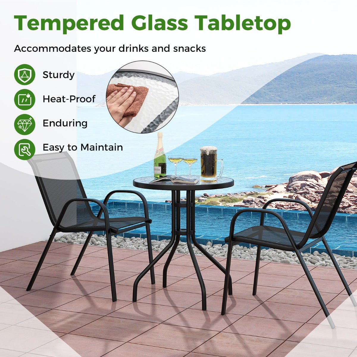 LIVSK Terrasbistroset - Ergonomische Rugleuningen - Gehard Glazen Tafelblad - Stapelbare Stoelen - Tot 150 kg per stoel - Zwart