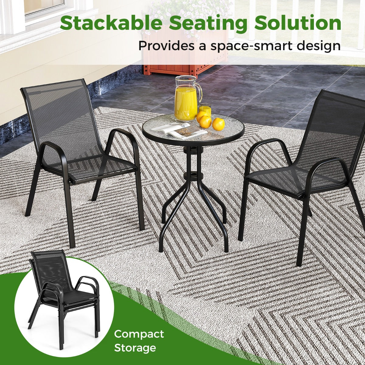 LIVSK Terrasbistroset - Ergonomische Rugleuningen - Gehard Glazen Tafelblad - Stapelbare Stoelen - Tot 150 kg per stoel - Zwart
