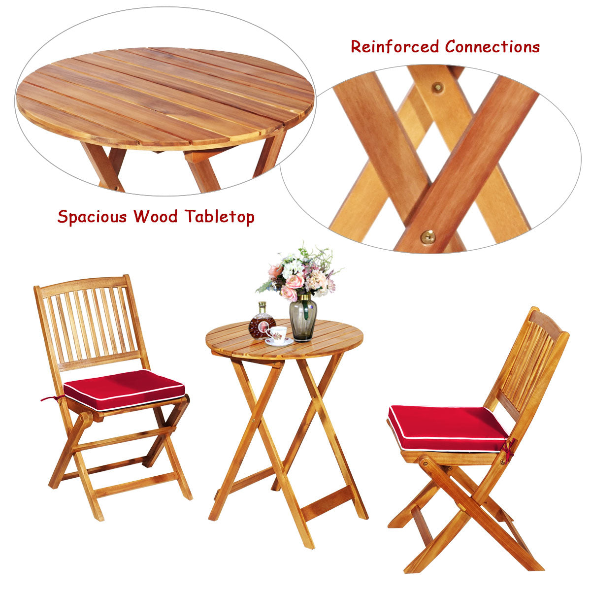 LIVSK 3-delige Patio Bistro Set - Massief Acaciahout - Opvouwbaar met Verwijderbare Kussens - Duurzaam en Comfortabel -