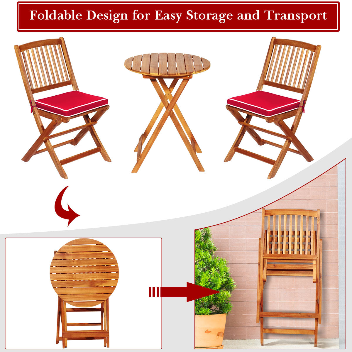 LIVSK 3-delige Patio Bistro Set - Massief Acaciahout - Opvouwbaar met Verwijderbare Kussens - Duurzaam en Comfortabel -