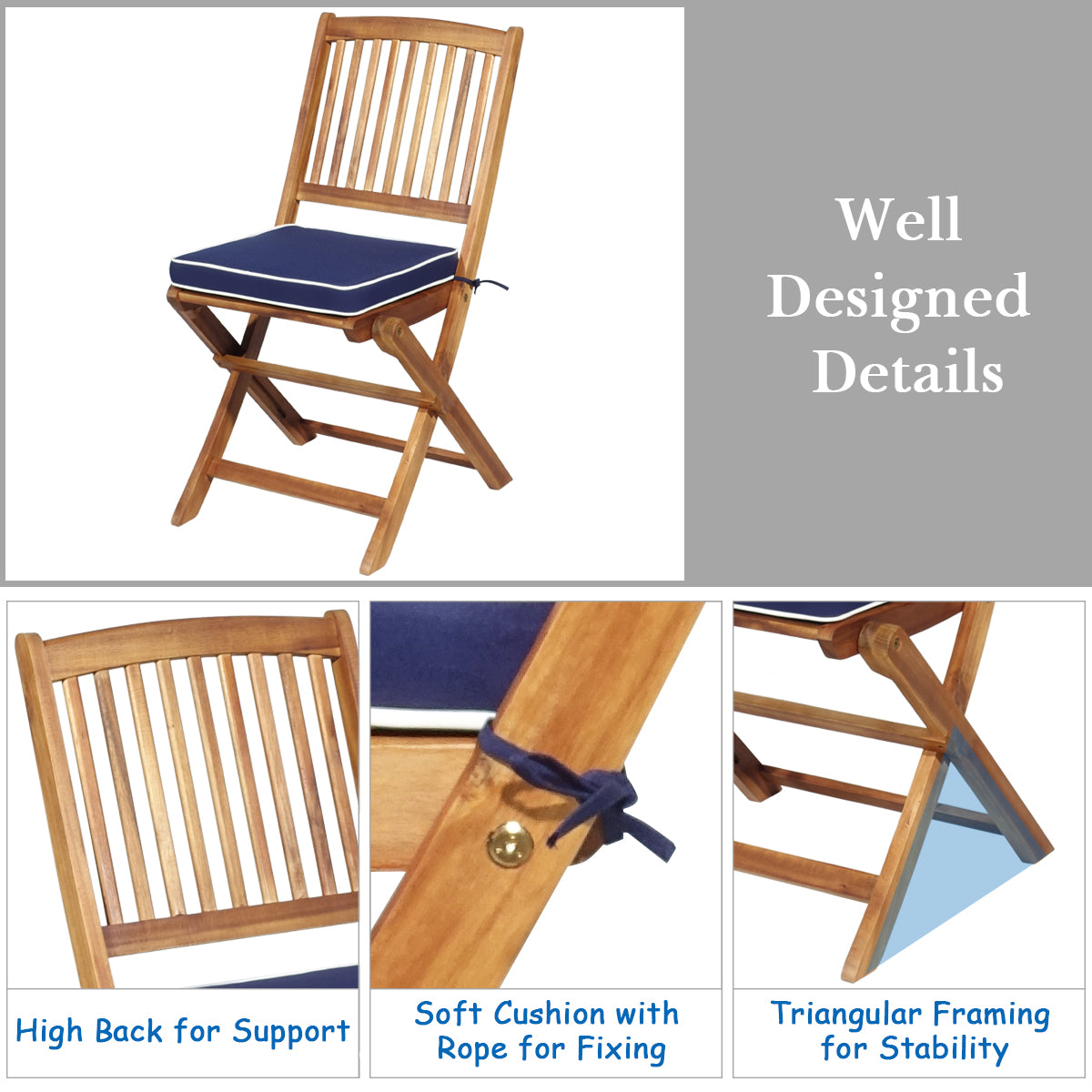 LIVSK 3-delige Patio Bistro Set - Duurzaam Acaciahout - Inklapbare Stoelen met Verwijderbare Kussens - Voor Binnenplaats en