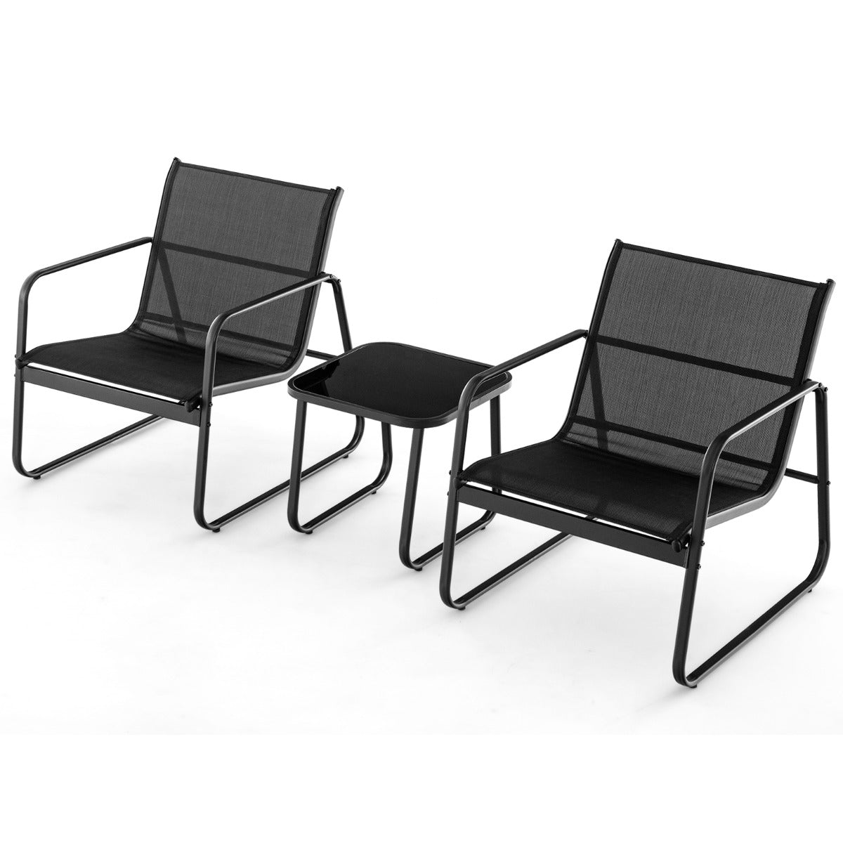 LIVSK 3-delige Metalen Conversatieset - Ergonomische Stoelen - Ademende Stof - Geharde Glastafel - Tot 150 kg - Zwart