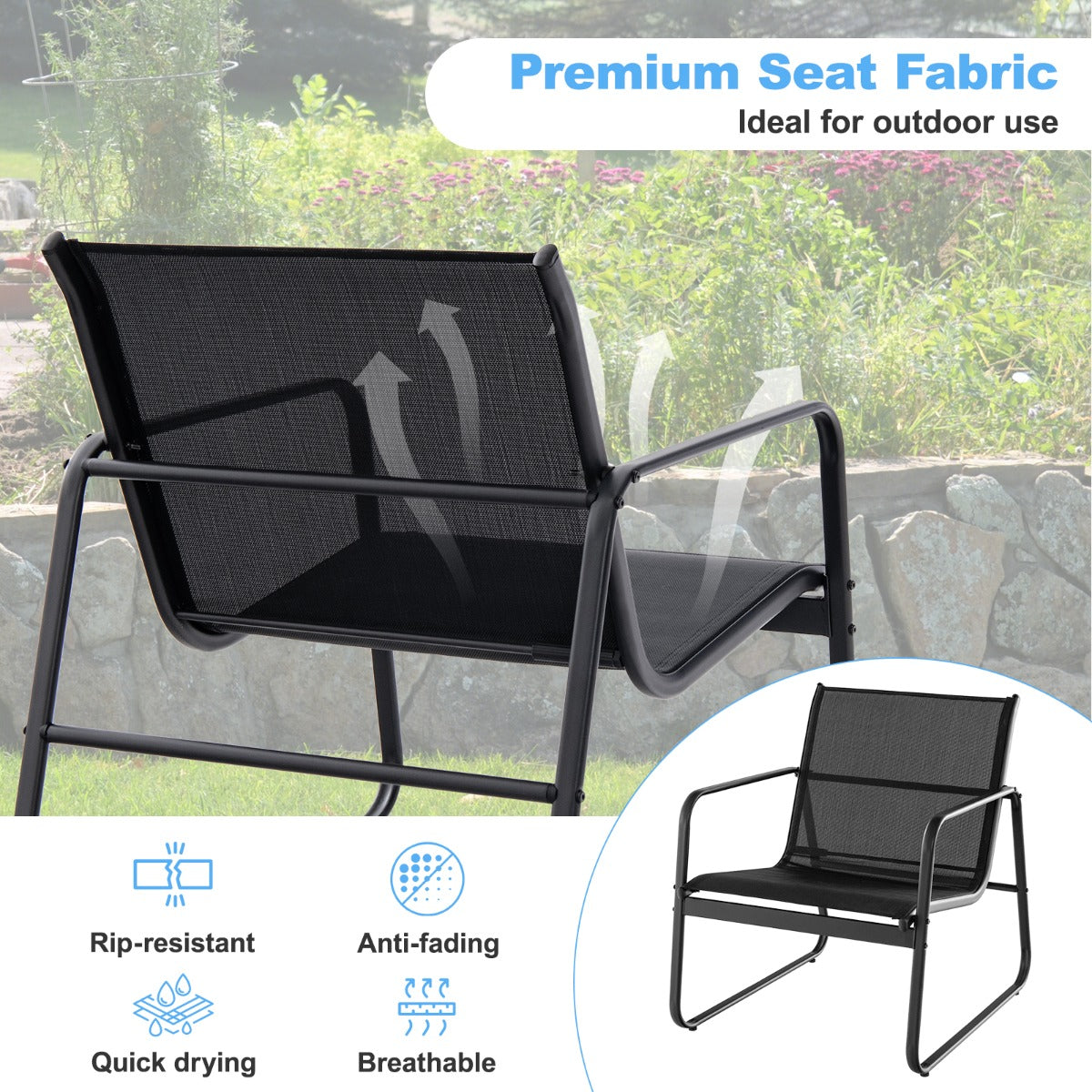 LIVSK 3-delige Metalen Conversatieset - Ergonomische Stoelen - Ademende Stof - Geharde Glastafel - Tot 150 kg - Zwart